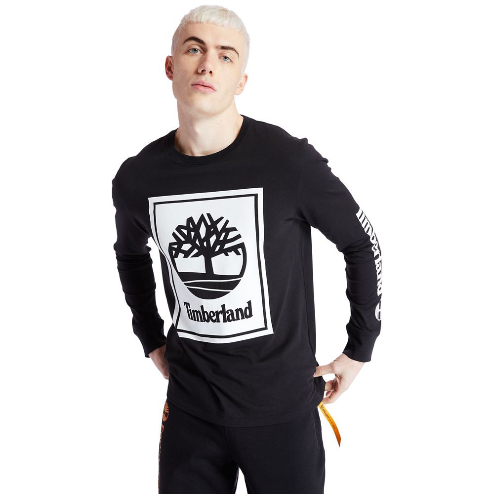 Tricouri Timberland Barbati Negrii/Albi - Long-Sleeve Logo - Romania - KRTXOF124